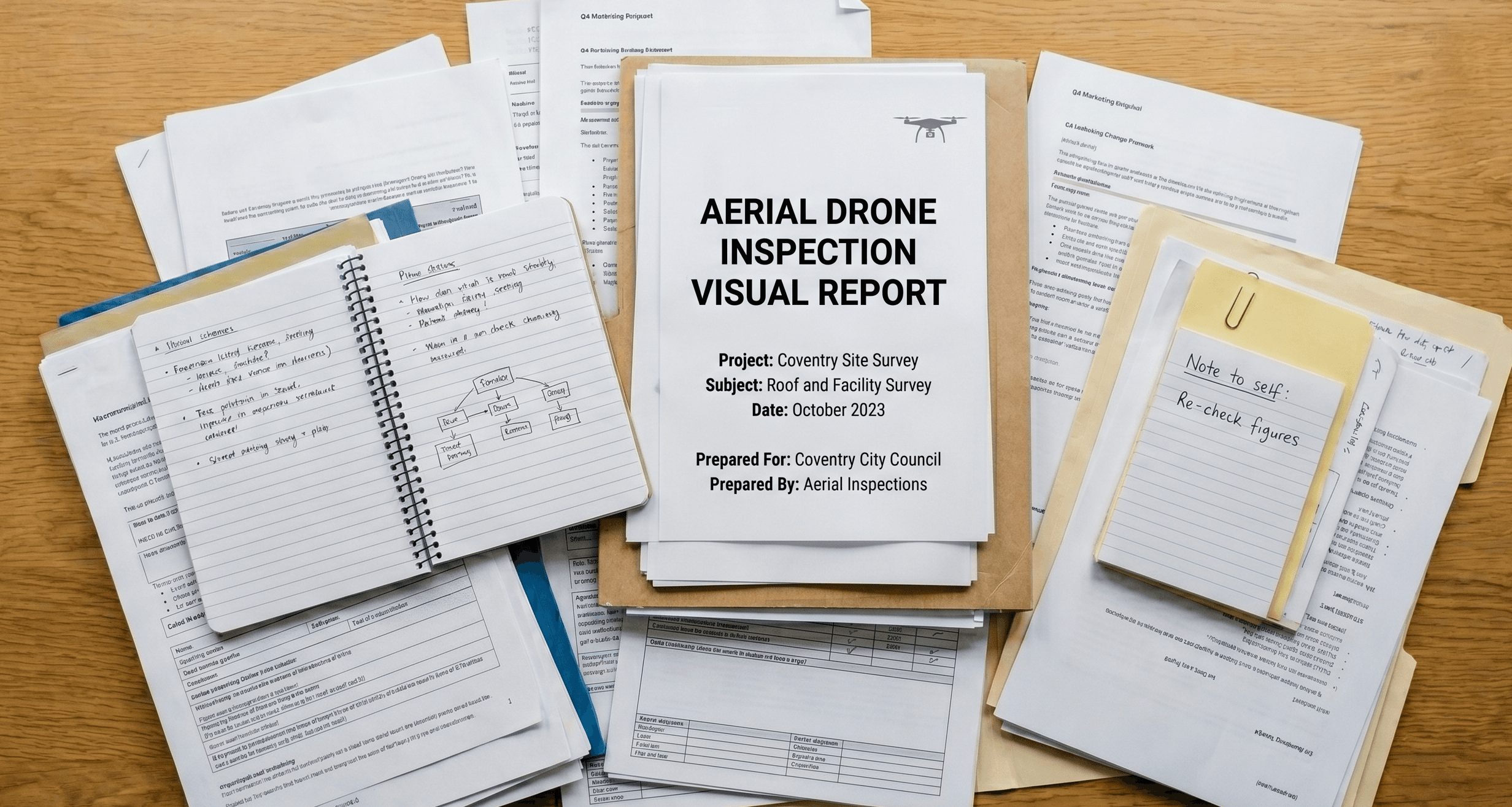 Professional writing an insurance inspection report at a desk