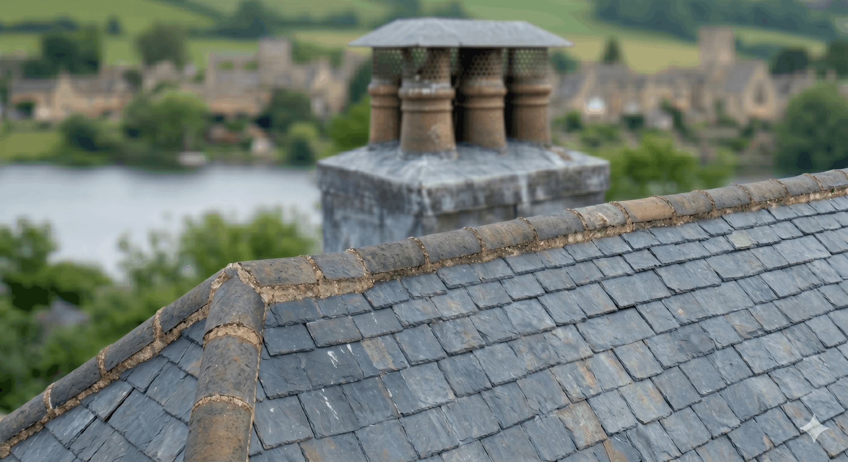Close-up aerial view of a tiled roof being inspected by drone